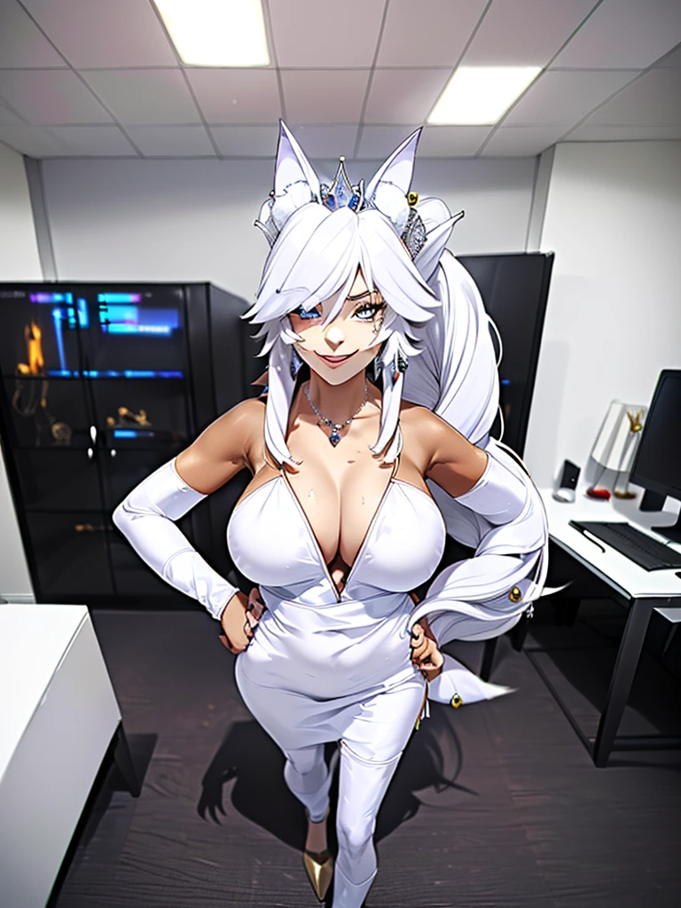 great quality ++ Extremely detailed high resolutionolution, very aesthetic, expressive eyes, (((Perfect face))), (((face symmetrical))), ((good anatomy)), (((perfect hands))), (((8k))), UHD, hd wallpaper, (((detailed high cal, (((((1girl)))))), only, Masterpiece, The best quality, high resolution, Highly detailed, (illustration), Beautiful detailed eyes, ((((fullbody))), (((solo))), (((((koyan-la1))))), (((smiling))), (((fusion))), (((agglutination))), (((Combination))), ((((((((White hair)))))))), (((blue eyes))), (((ponytail))), (((jewelry))), (((necklace))), (((earrings))), only, jaeces, earrings, long hair, parody, (((scar))), (((scar ocular))), (((hair ornament))), (((office background))), (((hand on hip))), (((strolling))), Side ponytail, scar en la cara, (((Upper part of the body))), (((fox tail))), (((fox ears))), (((tiara))), (((jewelry))), (((earrings))), (((neckline trimming))),