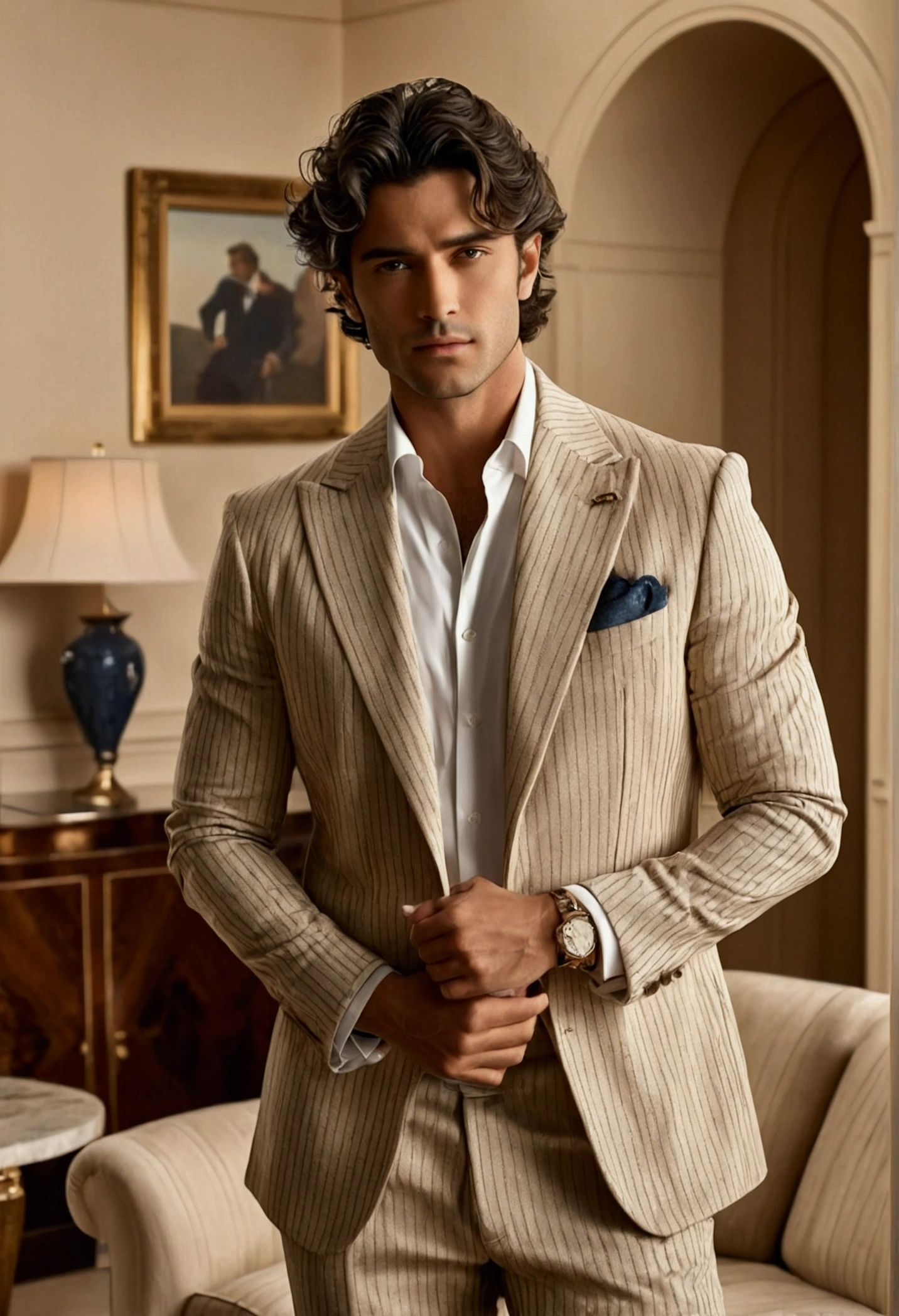 Character standing with crossed arm, Dark wavy hair, good pose, handsome man, full body, full body shot, handsome face, side pose, Real elegant pose, Businessman, (in a striped blazer), (The surrounding environment is a luxurious and classic living room) (sand tone image)
