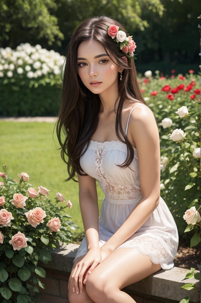A beautiful brunette sitting in a flower garden with roses.