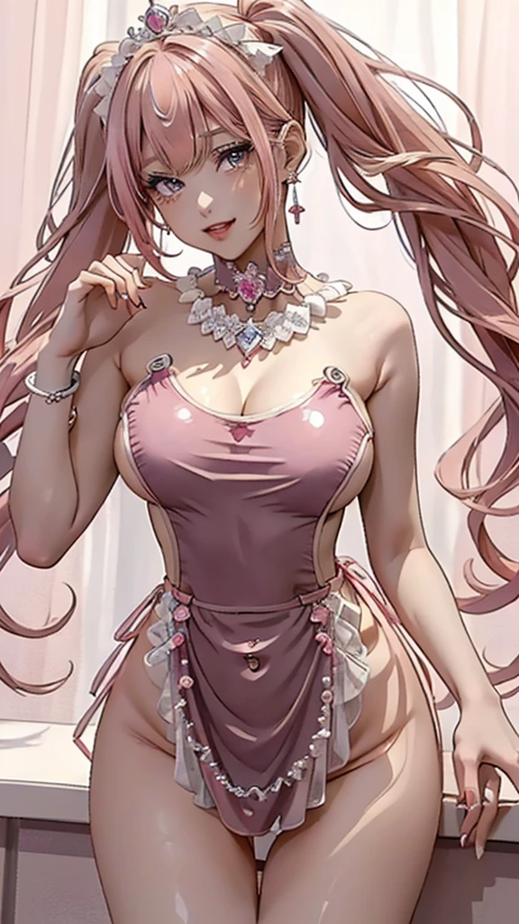 (((masterpiece, super high resolution, ultra HD, 8K quality))), (((((woman in shining pink colored evening dress))))), (((See-through revealing dress))), (((((shining pink colored Hair))))) , (((((Twin tails hair))))), (((beautiful sparkling red eyes, pupils with highlights))), ((long bangs)), pink lips, sexy expression, ((highly detailed)), (perfectly detailed face), (detailed and carefully drawn hands), (((very Big Tits, cute smile))), photorealistic image, silver tiara and earrings, pearl necklace, jade bangle, diamond ring, Beautiful figure from the knees up, standing, beautiful pose
