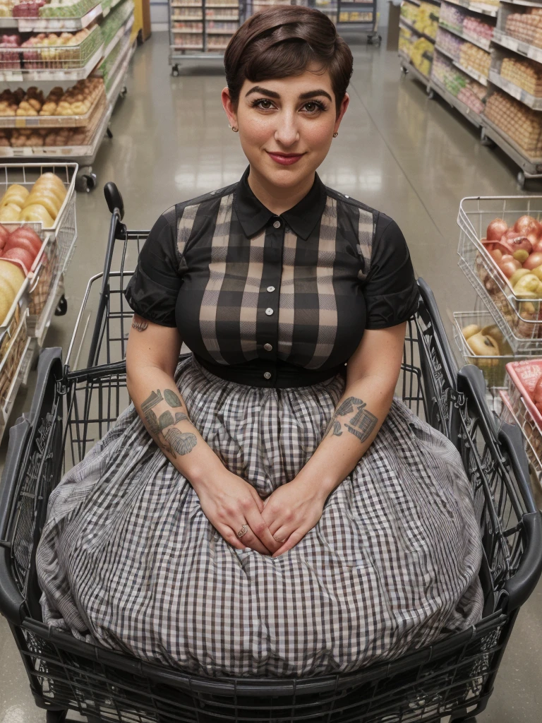 (background is an oversized grocery store aisle:1.3), 1girl, most beautiful woman ever, (doll-sized:1.4) (thicc:1.4) (blushing:1.3) (21 year old mayim bialik :1.2) wearing a (black 1950s gingham dress:1.5) and (sitting in oversized shopping cart with giant groceries:1.4) , (short pixie haircut:1.5), (aquiline nose:1.4), (tattooed:1.3), (gigantic breasts:1.4),