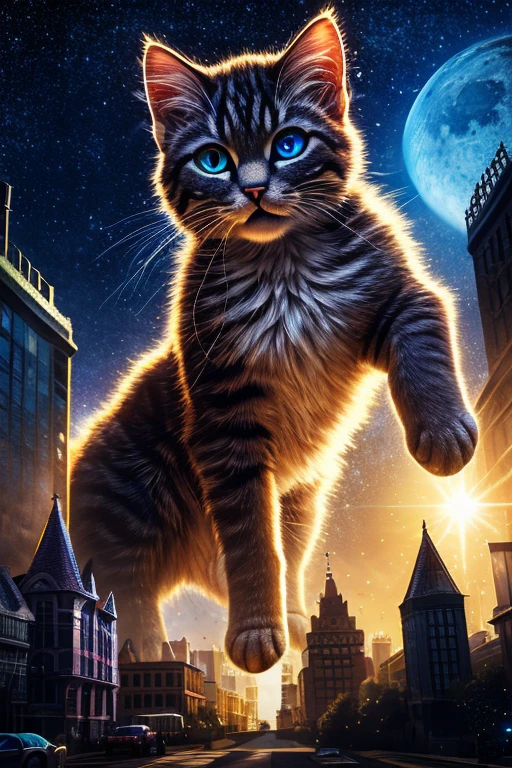 (Highest quality、masterpiece、8k))、Anatomically correct、Very detailed、High resolution、Realistic、((Beautiful, sparkling, detailed eyes))、Intricate details、Cinematic lighting、((Dynamic composition))、Giant kitten、A giant kitten like a monster、Kitten bigger than a building、A small town like a diorama、Punish the moon、Nyazira、skyscraper
