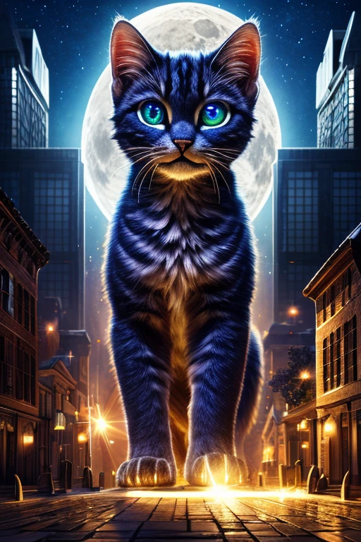 (Highest quality、masterpiece、8k))、Anatomically correct、Very detailed、High resolution、Realistic、((Beautiful, sparkling, detailed eyes))、Intricate details、Cinematic lighting、((Dynamic composition))、Giant kitten、A giant kitten like a monster、Kitten bigger than a building、A small town like a diorama、Punish the moon、Nyazira、skyscraper