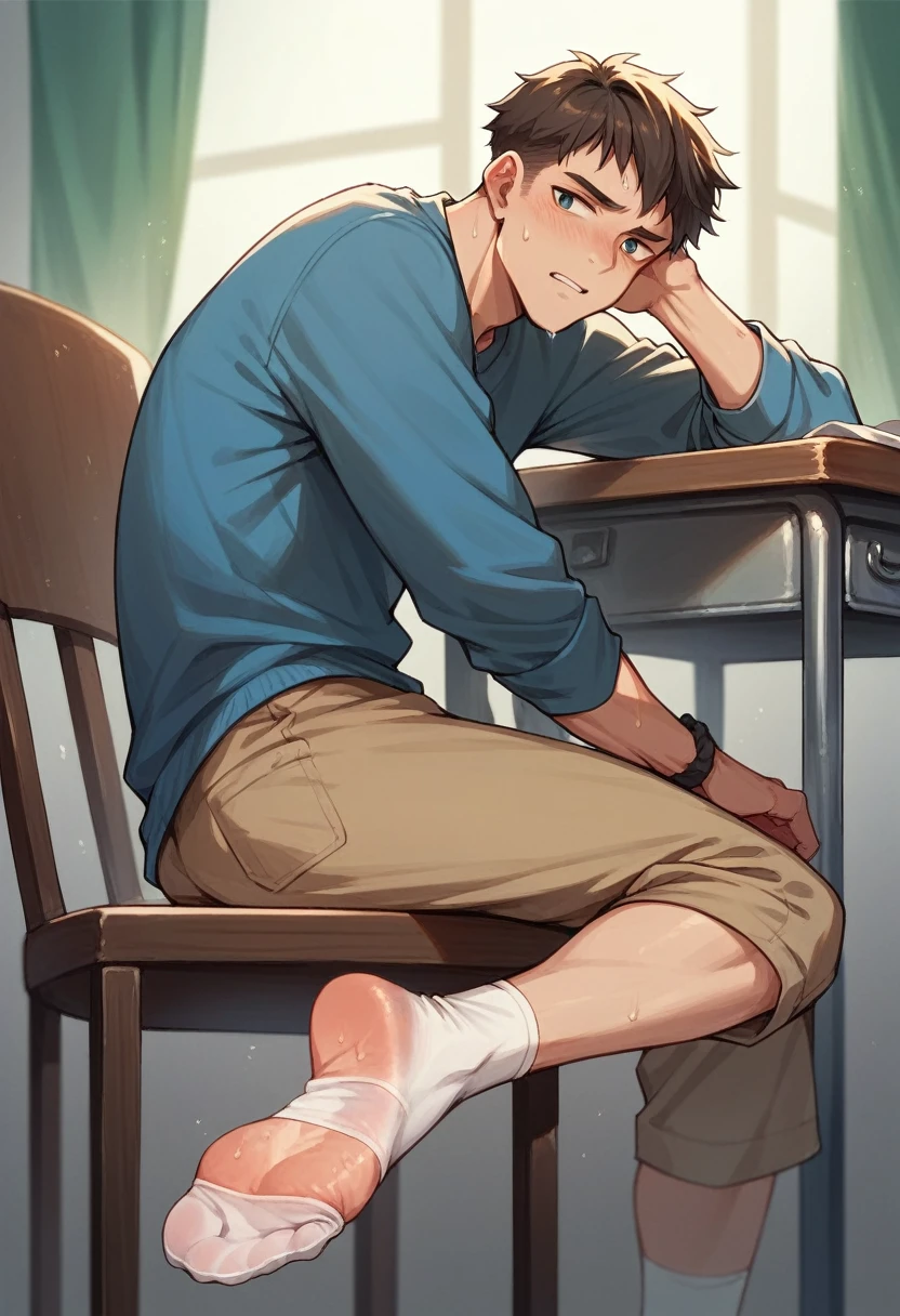 Anime boy very wet sweaty white socks under chair showing his feet soles close to the camera