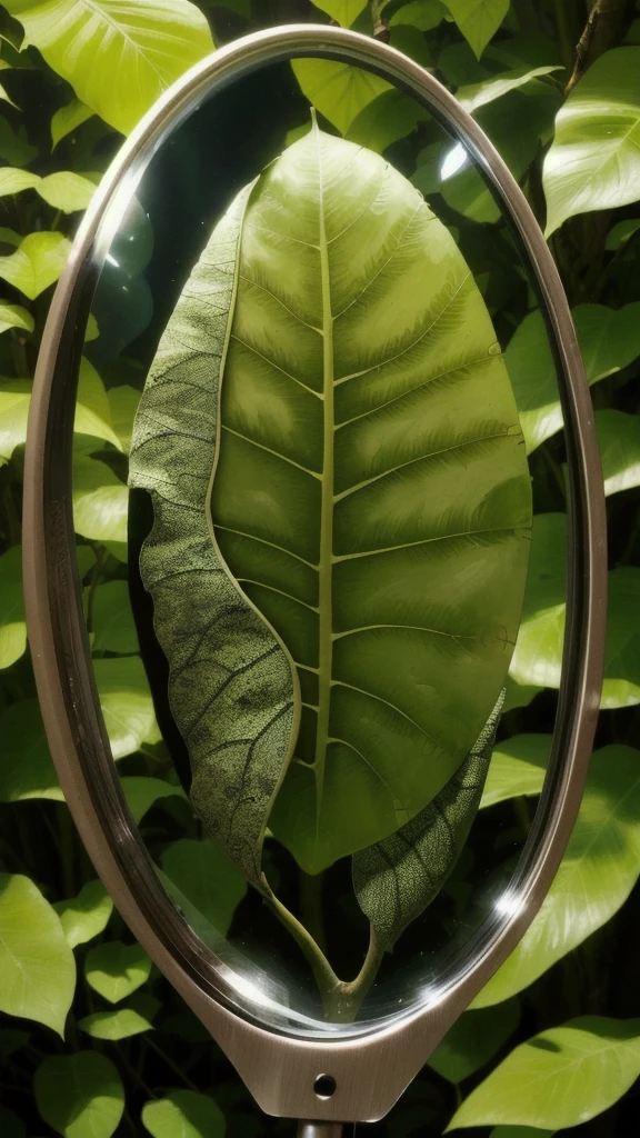 A magnifying glass revealing the detailed textures of a leaf in a dense forest
