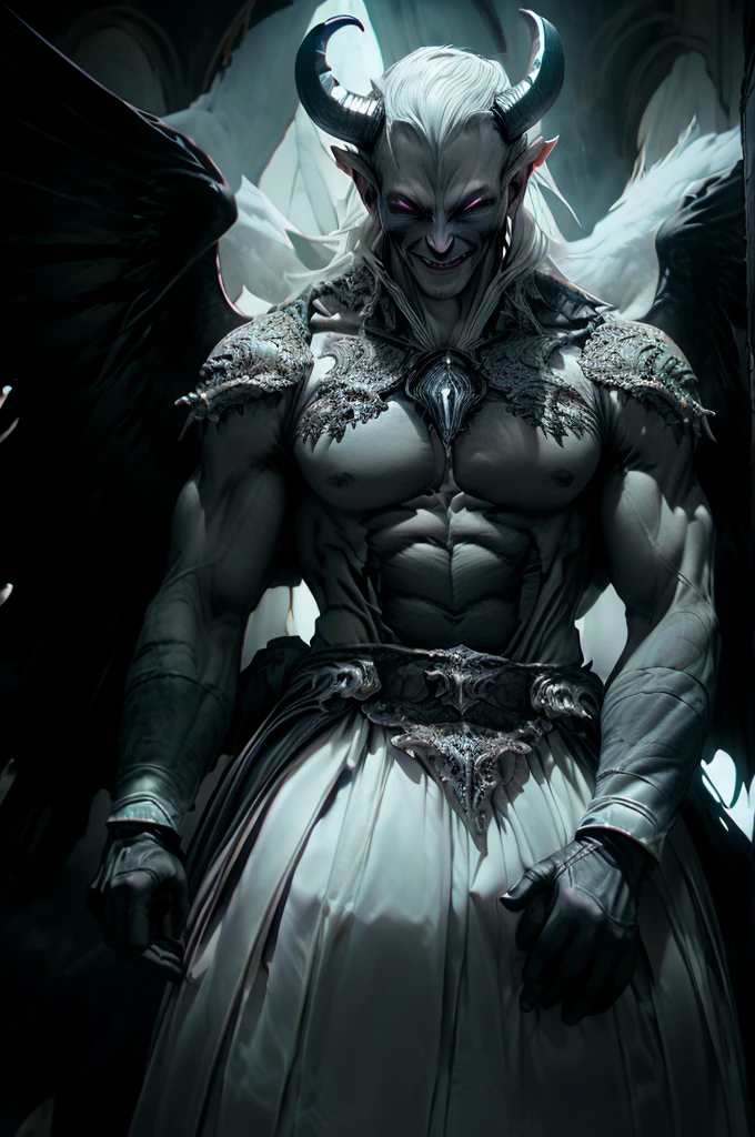 a demon with gray skin, 3 meters tall, wearing semi-formal clothes, gloves, broken angel wings, white eyes and a charming smile, highly detailed, 8k, hyper realistic, photorealistic, cinematic lighting, dramatic shadows, moody atmosphere, intricate textures, dark colors, masterpiece, award-winning digital art