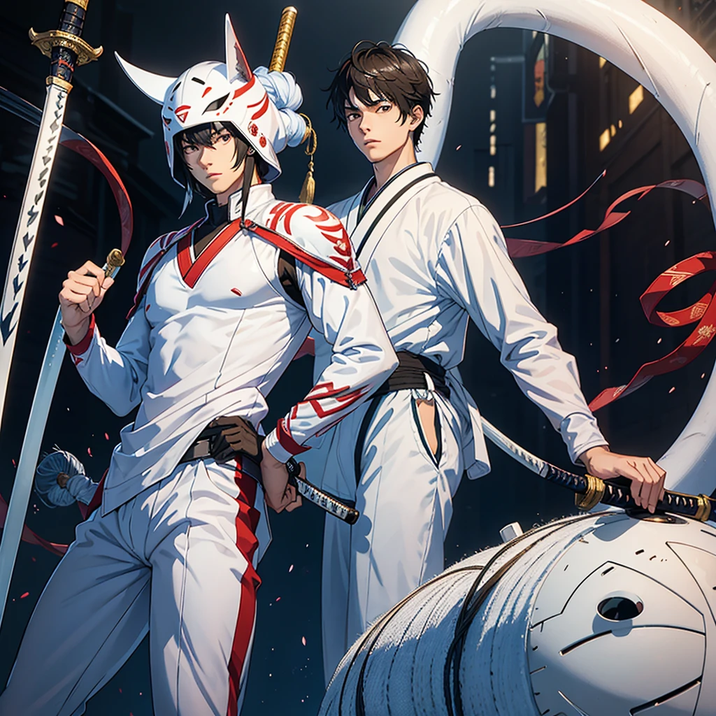 17 year old man. 1 meter and 60 cm high. It weighs 45 kilos. He wears a white samuari suit and a katana in his right hand..
The scenario is the following: They are years old in Japan, like from the 10th century. it's a sunset, There is fire and blood on the ground because there is a war. And the young man stands, Looks stunning in the evening light. He doesn't look tall or strong, but as a young man, but its aurua imposes. And the burning fire of war decorates the scene.