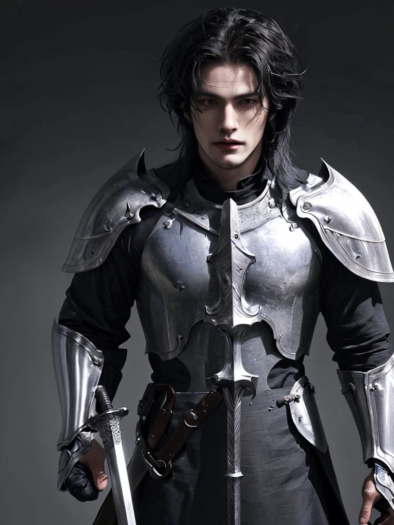 solo, handsome man, knight errant, looks at the viewer, In a horse, Strictness, knight in armor, Fantasy world, long hair, black hair, hair, high, Muscular and large, 22-25 years old, sword on hilt,