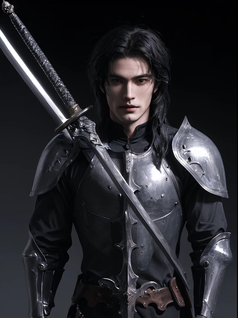 solo, handsome man, knight errant, looks at the viewer, In a horse, Strictness, knight in armor, Fantasy world, long hair, black hair, hair, high, Muscular and large, 22-25 years old, sword on hilt,