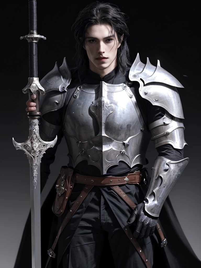 solo, handsome man, knight errant, looks at the viewer, In a horse, Strictness, knight in armor, Fantasy world, long hair, black hair, hair, high, Muscular and large, 22-25 years old, sword on hilt,