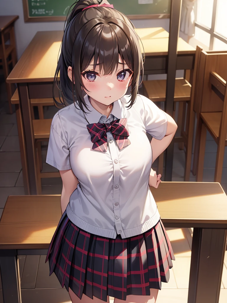 masutepiece, Best Quality, High resolution, Extremely detailed, Detailed background, Cinematic lighting,
((closeup:1.3)),((cowboyshot)),
1girl in, Looking at Viewer, Wear a plaid shirt, microminiskirt, Pleated skirt, standing, Full body, Sunlight, juniorschool, Stand on the classroom , City Girl,ponytail,hight165cm,weight30kg,b60cm,w50cm,h65cm,