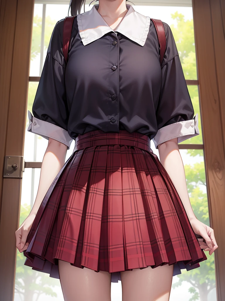 masutepiece, Best Quality, High resolution, Extremely detailed, Detailed background, Cinematic lighting,
((closeup:1.3)),((cowboyshot)),
1girl in, Looking at Viewer, Wear a plaid shirt, microminiskirt, Pleated skirt, standing, Full body, Sunlight, juniorschool, Stand on the classroom , City Girl,ponytail,hight165cm,weight30kg,b60cm,w50cm,h65cm,
