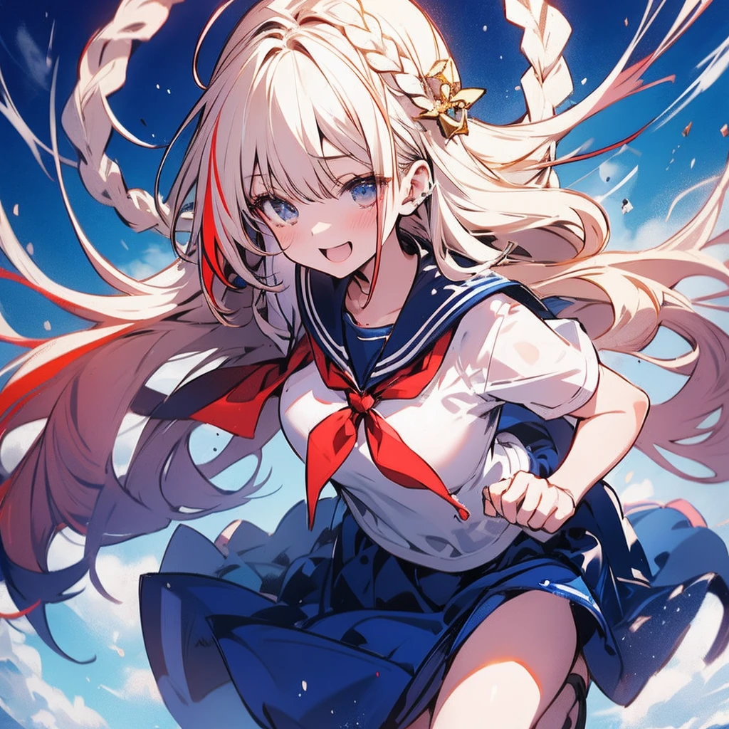 masutepiece++, Best Quality++, ultra-definition++, ultra-definition++, rey tracing, 4K or more++, 8K or more++, Slight details, (Background Focus )++,Young woman with golden laurel wreath, (((Ultramarine hair))), (((White dip dyed hair))), (((red streaked hair))),sailor,Sailor collar,White shirt, skirt by the,anchor,