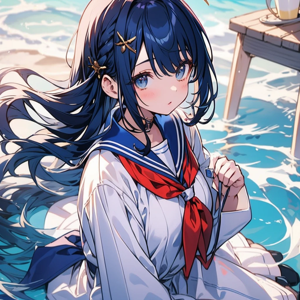 masutepiece++, Best Quality++, ultra-definition++, ultra-definition++, rey tracing, 4K or more++, 8K or more++, Slight details, (Background Focus )++,Young woman with golden laurel wreath, (((Ultramarine hair))), (((White dip dyed hair))), (((red streaked hair))),sailor,Sailor collar,White shirt, skirt by the,anchor,