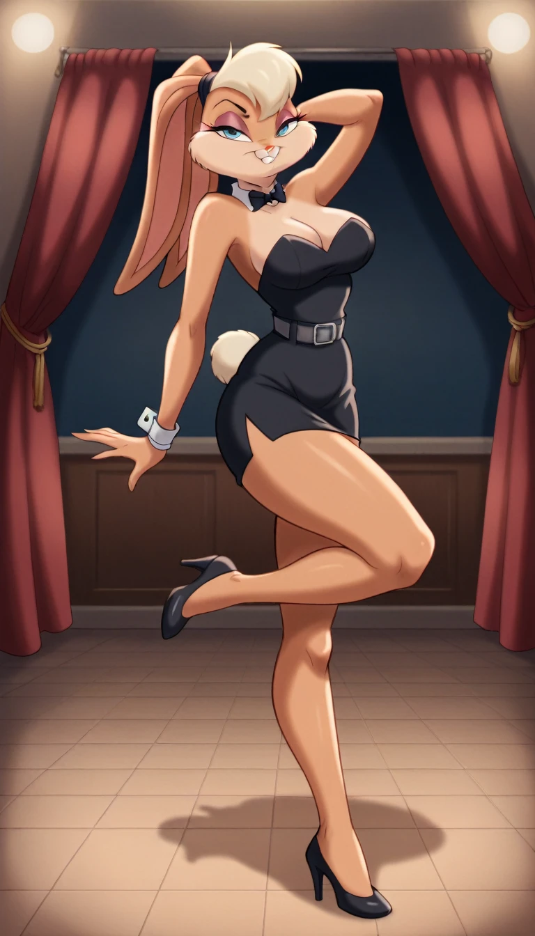 (masterpiece), best quality, expressive eyes, perfect face, lolabunny, 1 girl, alone, furry female, bunny ears, bunny girl, animal nose, short black thigh-high dress, short black thigh-high miniskirt, black women's shoes, black high heels, high heels, gray belt, collar black, strapless, bare shoulders, sexy, blue eyes, body fur, standing, sleeveless tail, bunny teeth, full body, seductive pose, sexy and sensual body, mature body, seductive, seductive and flirtatious look, Alone, one person, 1 girl, seductive and sensual body, porn, One hand on the waist, one hand behind the head, legs crossed, Modeling, 8K, high resolution, good quality, Skinny and sensual body, sexy model body, Serious look and smiling, Big breasts, 2D, Attractive body, athletic body, human body, Sexy black collar , posing, modeling, sexy, sensual, beautiful, attractive, beautiful, beauty, Sexy Thigh High Mini Skirt, Sexy and sensual black dress, Skinny and sexy legs, sexy and sensual legs, One hand on the waist, one hand on one leg, Athletic body, makeup, makeup, makeup, Smiling, 2D, Posing in a hotel, posing in a hotel room, in a room , Posing on the left side