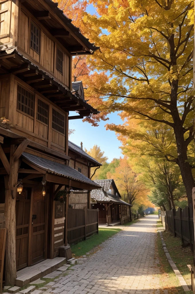 An entrance to a medieval era style tavern, an autumn climate with leaves falling from the trees near the establishment 