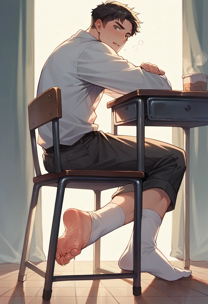 Anime boy Naruto very wet sweaty white socks scrunching his soles under chair so close to the camera rubbing his feet together