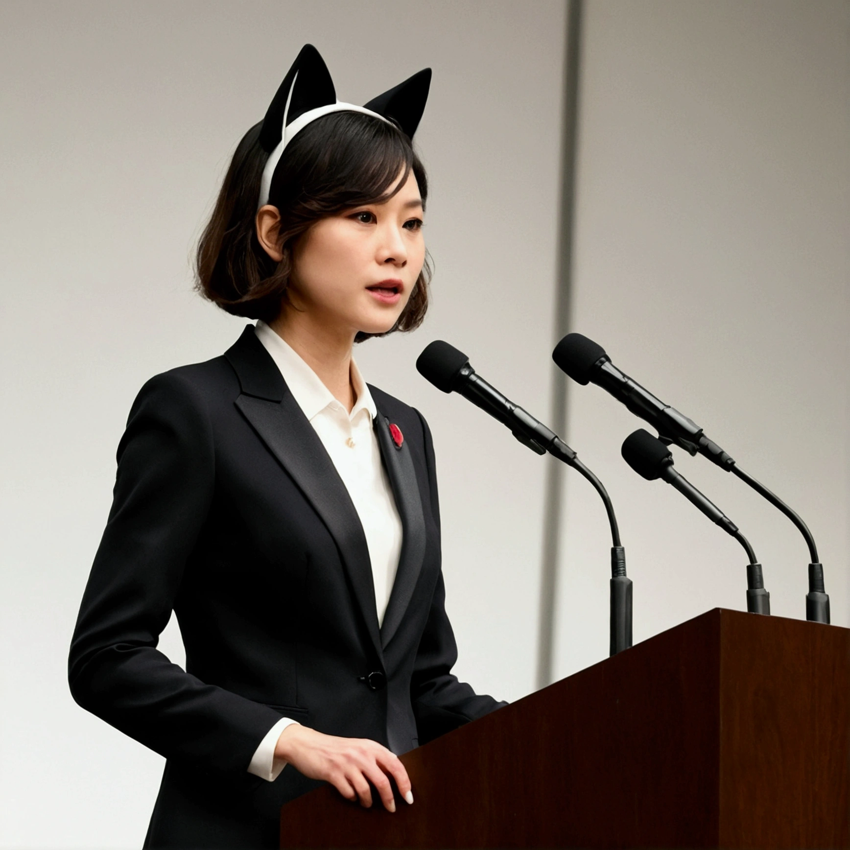 A woman giving a speech in front of a podium、Woman in Armani suit、Cat ears、A sharp expression、