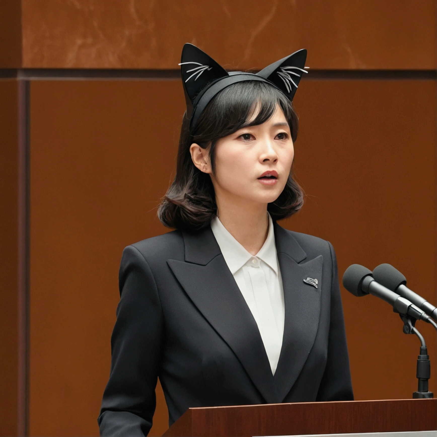 A woman giving a speech in front of a podium、Woman in Armani suit、Cat ears、A sharp expression、