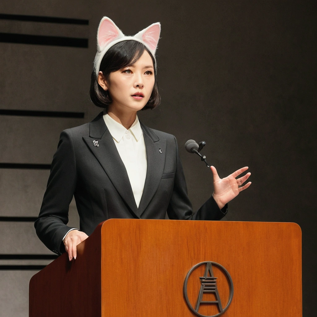 A woman giving a speech in front of a podium、Woman in Armani suit、Cat ears、A sharp expression、