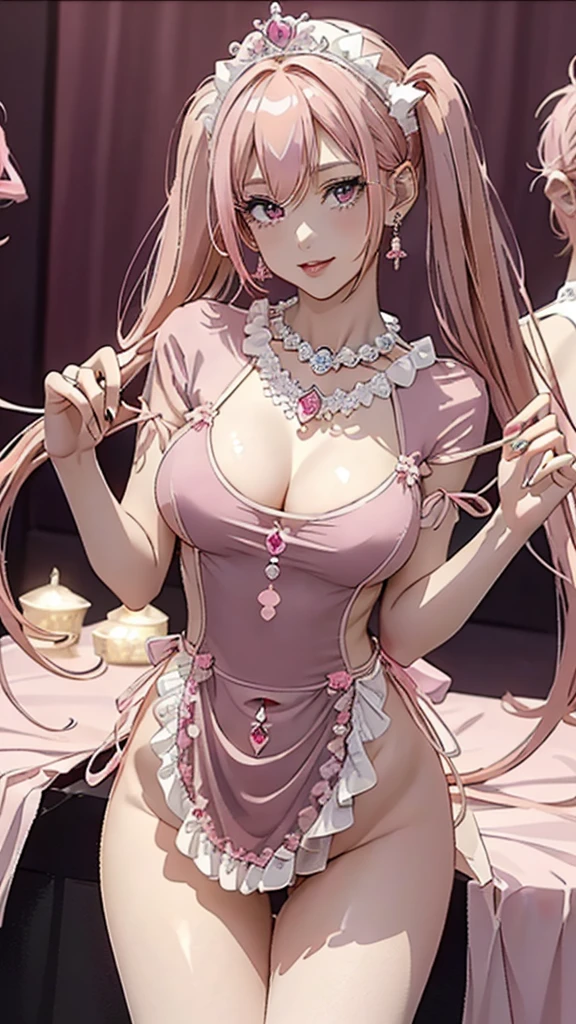 (((masterpiece, super high resolution, ultra HD, 8K quality))), (((((woman in shining pink colored evening dress))))), (((See-through revealing dress))), (((((shining pink colored Hair))))) , (((((Twin tails hair))))), (((beautiful sparkling red eyes, pupils with highlights))), ((long bangs)), pink lips, sexy expression, ((highly detailed)), (perfectly detailed face), (detailed and carefully drawn hands), (((very Big Tits, cute smile))), photorealistic image, silver tiara and earrings, pearl necklace, jade bangle, diamond ring, Beautiful figure from the knees up, standing, beautiful pose
