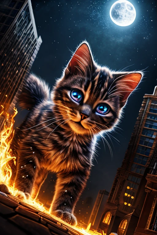 (Highest quality、masterpiece、8k))、Anatomically correct、Very detailed、High resolution、Realistic、((Beautiful, sparkling, detailed eyes))、Intricate details、Cinematic lighting、((Dynamic composition))、Giant kitten、A giant kitten like a monster、Kitten bigger than a building、A small town like a diorama、Punish the moon、Nyazira、skyscraper、Fireball