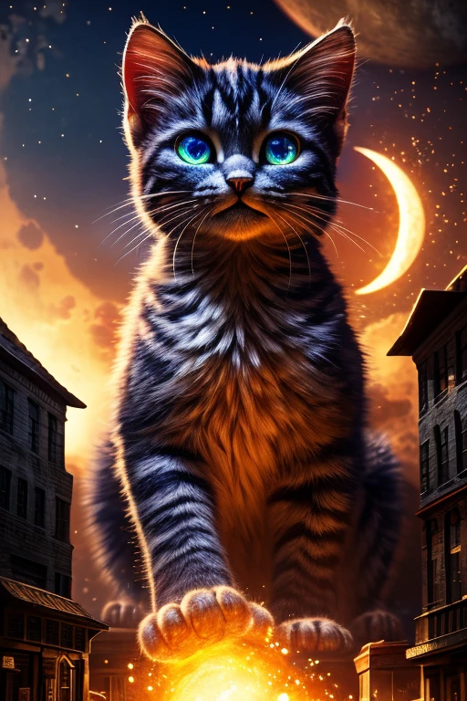 (Highest quality、masterpiece、8k))、Anatomically correct、Very detailed、High resolution、Realistic、((Beautiful, sparkling, detailed eyes))、Intricate details、Cinematic lighting、((Dynamic composition))、Giant kitten、A giant kitten like a monster、Kitten bigger than a building、A small town like a diorama、Punish the moon、Nyazira、skyscraper、Fireball
