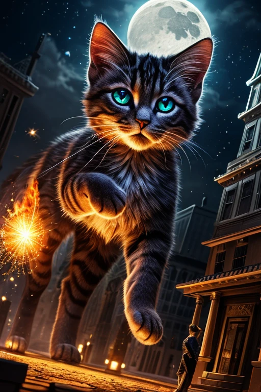 (Highest quality、masterpiece、8k))、Anatomically correct、Very detailed、High resolution、Realistic、((Beautiful, sparkling, detailed eyes))、Intricate details、Cinematic lighting、((Dynamic composition))、Giant kitten、A giant kitten like a monster、Kitten bigger than a building、A small town like a diorama、Punish the moon、Nyazira、skyscraper、Fireball