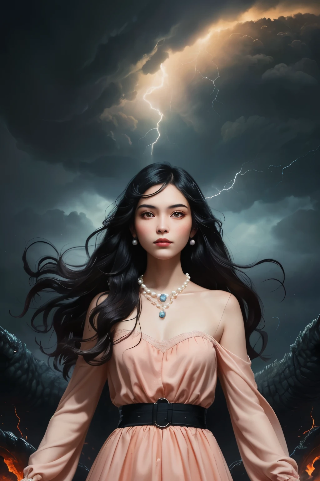 ((best quality)), ((masterpiece)), (detailed), A digital illustration of a young woman in peach color dress with long black hair wearing a pearl locket surrounded by dark storm clouds and monsters. She has a positive energy above her and a word Jimni girl is written at center