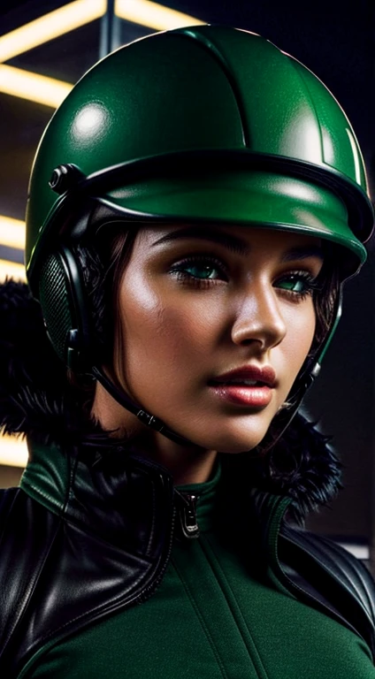 Highest image quality, outstanding details, ultra high resolution, (Realism: 1.4), best illustration, I prefer details, very tight 1 girl, with a gentle and beautiful face, dressed in black and green fur, in a mechanical helmet, holding a direction controller, riding a motorcycle, background - high-tech light scene of the city of the future.