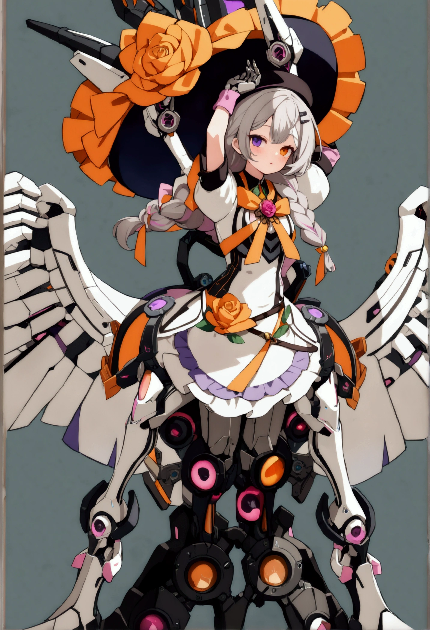 woman 160 cm tall, slim build, , charming look, ((heterocromia: look like, derecho naranja y look like izquierdo violeta)), (Shoulder Length Wavy Gray Hair, a short braid on the left side of the hair, big open bangs, gear hairpin on the right side of hair), (((complex mechanical legs up to the hip, The legs are black with gray parts with small pink details))), (((complex mechanical arms up to the elbows, The arms are black with gray parts with small pink details))), (complex mechanical angel wings of white color with dark gray parts), (elegant black French beret with an orange rose ribbon), (elegant thigh-length one-piece dress, short bell skirt, short sleeves, elegant black hip belt with orange parts, small rose brooch in the middle of the chest, beautiful mechanical stiletto heels, blue and black ribbon decorations on the dress, small gears on the skirt of the dress), (((character design sheet: Front view))), (((full body))), extremely detailed beautiful hair, beautiful detailed dress, extremely detailed arms, extremely detailed face, (Extremely detailed hands), perfect hands, small face, hermosos look likes detallados, beautiful detailed lips, adorable, extremely detailed legs, (Best Quality, 8k, Ultra resolution), ultra detailed, Exquisite and epic character art, ((White background)), (Focus on symmetry).