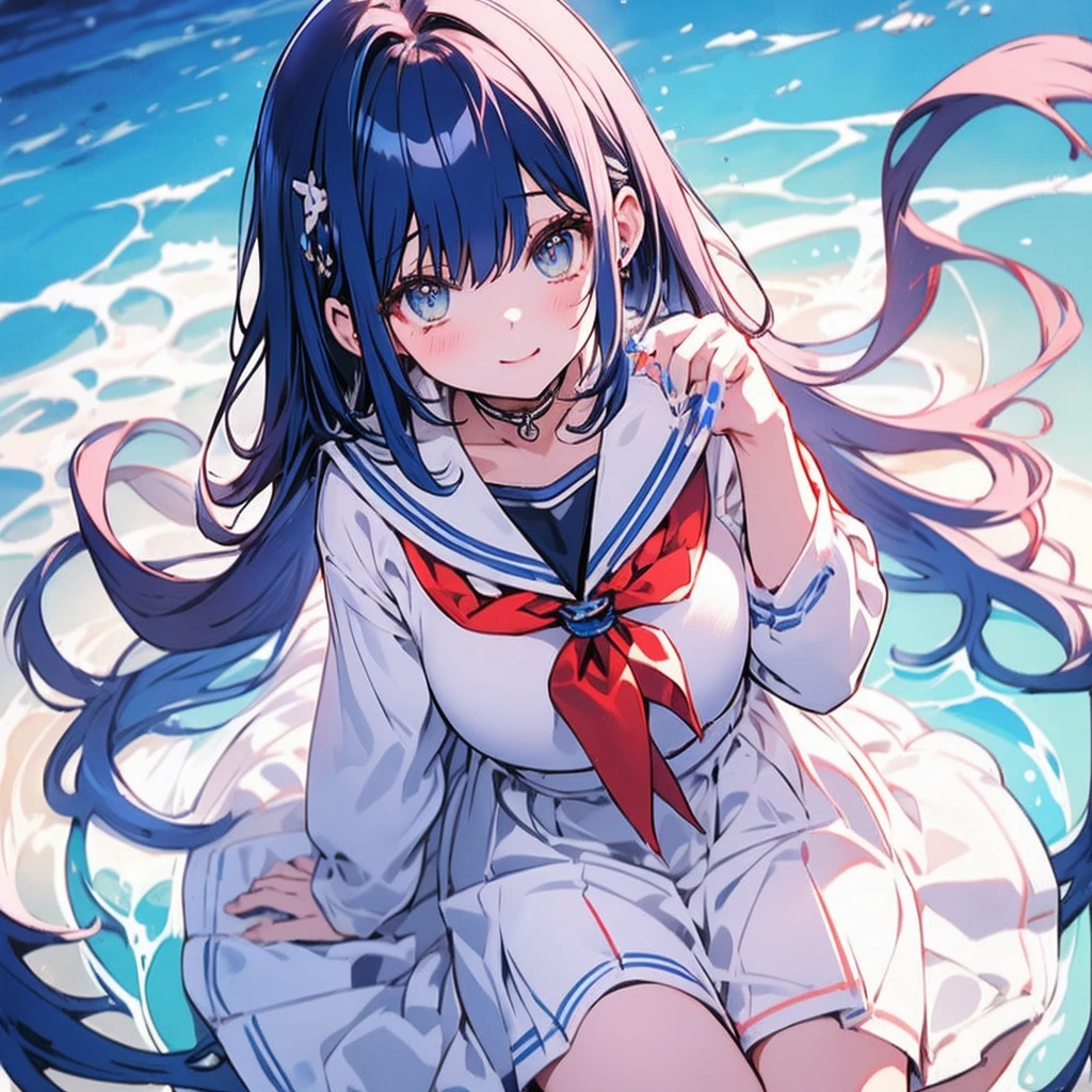 masutepiece++, Best Quality++, ultra-definition++, ultra-definition++, rey tracing, 4K or more++, 8K or more++, Slight details, (Background Focus )++,Young woman with golden laurel wreath, (((Ultramarine hair))), (((White dip dyed hair))), (((red streaked hair))),sailor,Sailor collar,White shirt, skirt by the,anchor,