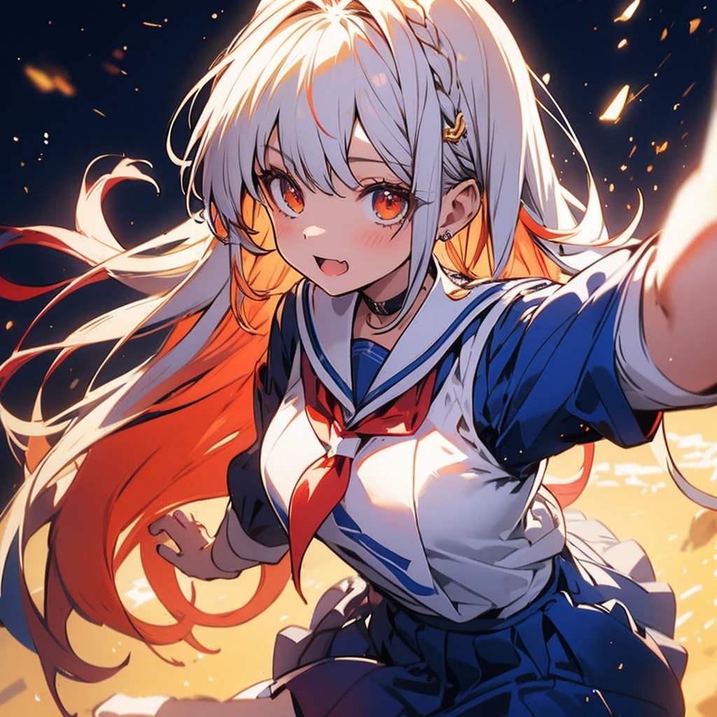 masutepiece++, Best Quality++, ultra-definition++, ultra-definition++, rey tracing, 4K or more++, 8K or more++, Slight details, (Background Focus )++,Young woman with golden laurel wreath, (((Ultramarine hair))), (((White dip dyed hair))), (((red streaked hair))),sailor,Sailor collar,White shirt, skirt by the,anchor,