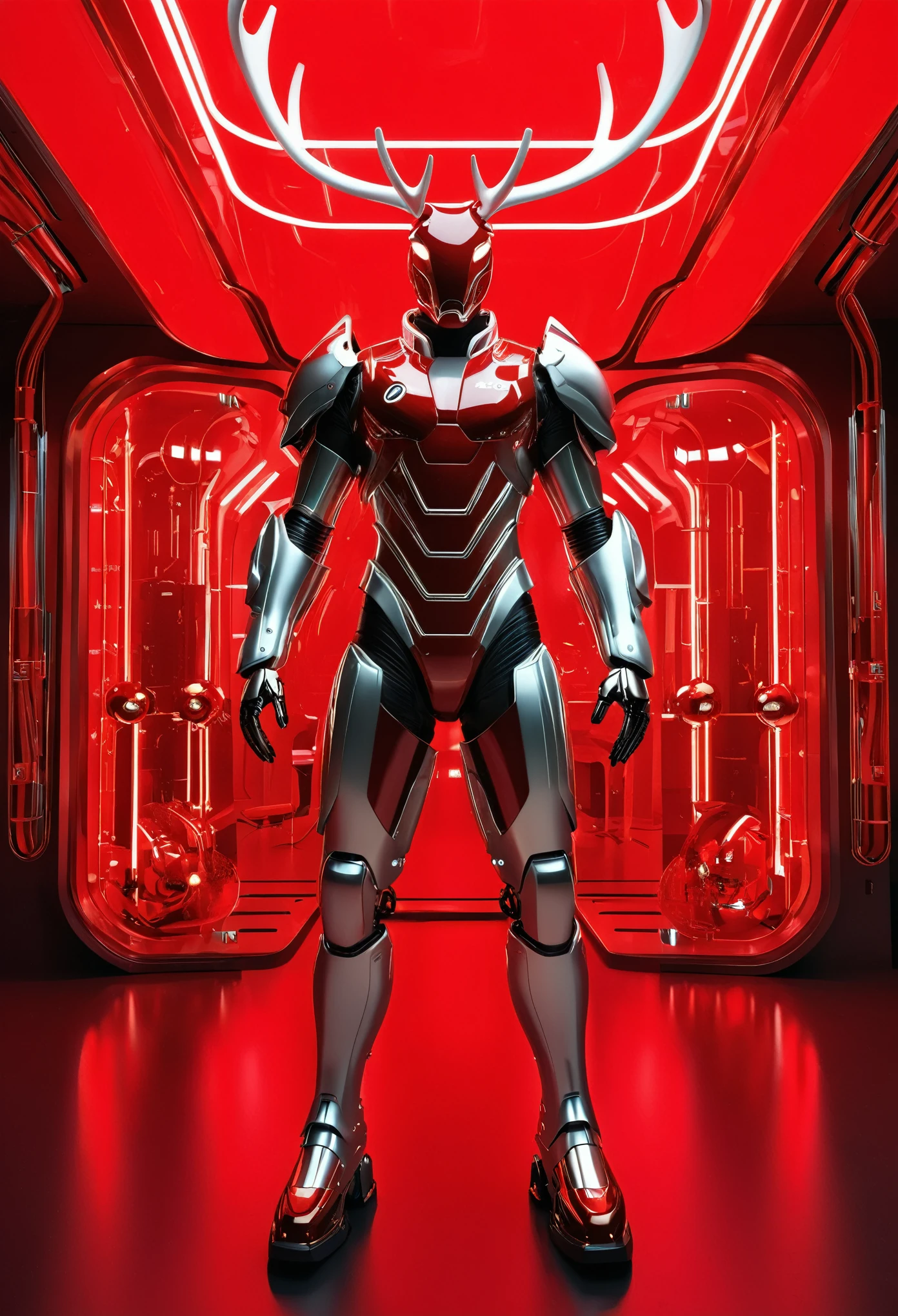 (Butler clothing design:1.8),\(Christmas style\), Made of machinery, red and white style, Mechanized form, A futuristic数字艺术, of red and white colors, room lighting, surreal details, 32k ULTRAHD, auto-destructive art, mechanized abstraction, Future Vision,Fine lines and intricate details, A futuristic 维多利亚时代, translucent immersion, molecules, Red Knight, Glass as a material, Sci-fi Baroque style, 32k ULTRAHD,(Fundo sala de estar:1.5), frill, Future robot butler photography, Glowing red interior components, Very futuristic,Robot butler design trends, A futuristic, A futuristic butler design, karim rashid, glowing interior components, Concept sled design, A futuristic, A futuristic镀铬, Future concept butler clothing, Magnificent design, High-Tech details of the future,(Robot butler style:1.5),(Christmas reindeer relief pattern:1.4),(mechanical blazer:1.5),Cybernetic robot. android, AI big breasts, machine, metals, wires, Tech, futuristic, highly detailed, extremely hyper - detailed pc, standing, full body shot, centered, 3 d render, artstation, Octane Render, 8 K