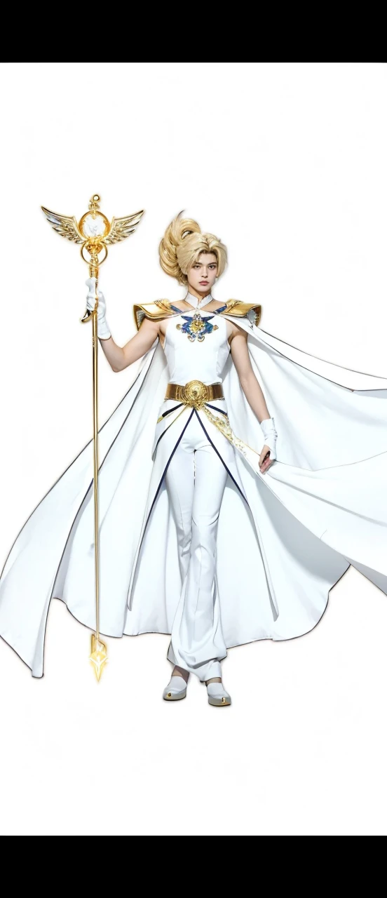 (absurdres, highres, ultra detailed, HDR), sailor moon male version, masterpiece, best quality, "Sailor moon guardians" Character handsome boy in white and gold outfit, long hair, wearing long white cape, blonde hair, white top with gold shoulder, white pants with white bots, in his hands universe moon white wings long scepter, long scepter, on his forehead gold moon symbol, White gloves, with full body, realistic picture, handsome boy, rainbow belt,