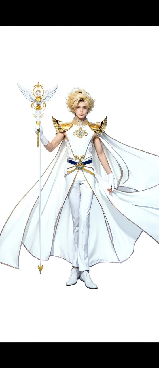 (absurdres, highres, ultra detailed, HDR), sailor moon male version, masterpiece, best quality, "Sailor moon guardians" Character handsome boy in white and gold outfit, long hair, wearing long white cape, blonde hair, white top with gold shoulder, white pants with white bots, in his hands universe moon white wings long scepter, long scepter, on his forehead gold moon symbol, White gloves, with full body, realistic picture, handsome boy, rainbow belt,