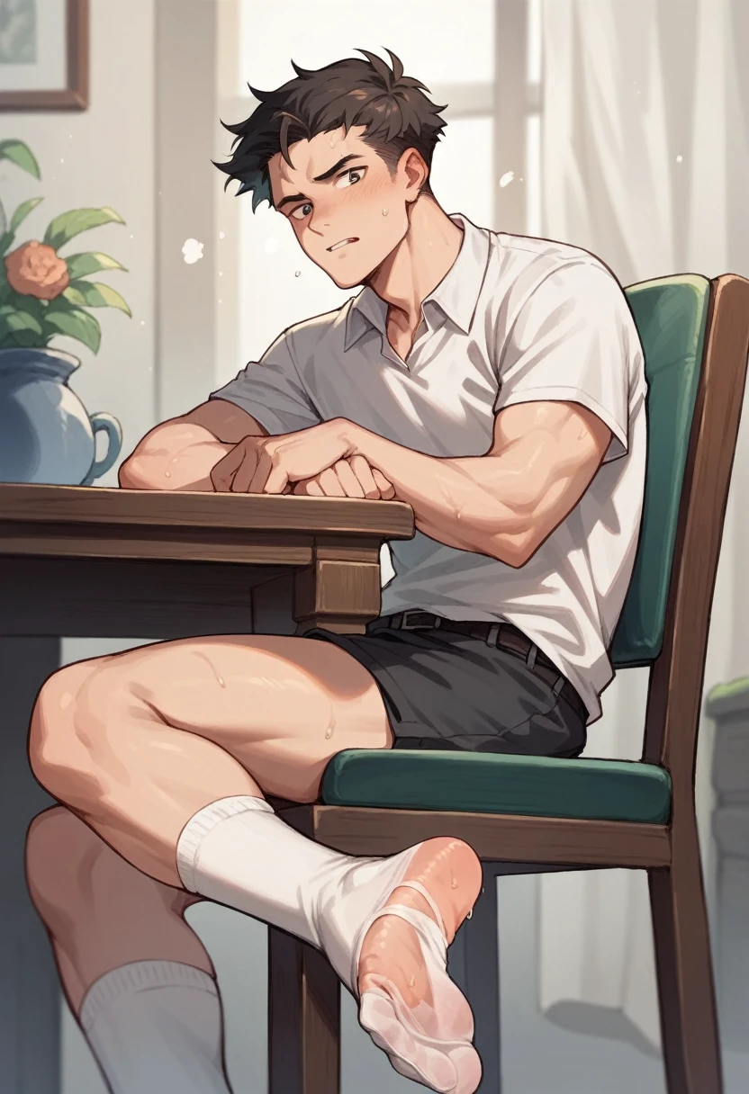 Boy feet scrunching his sweaty soles in white socks sitting on chair