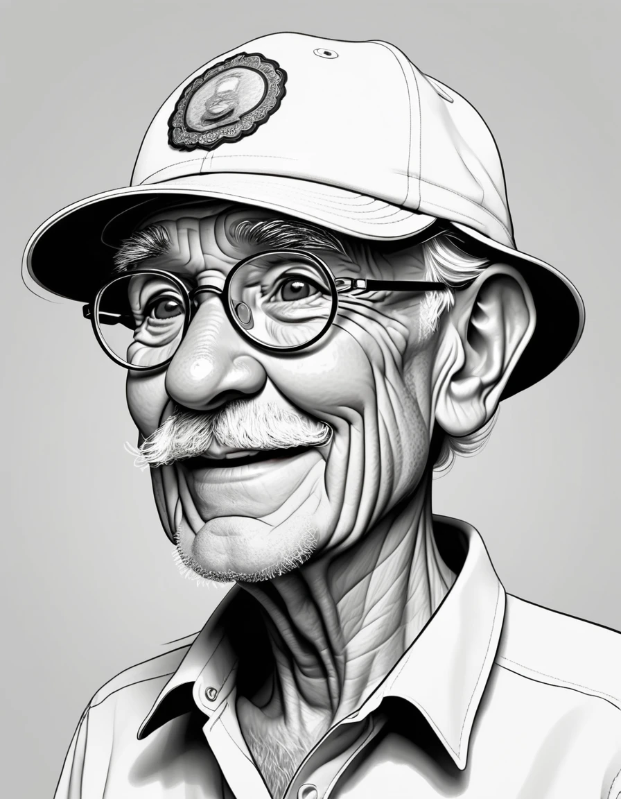 cartoon of happy grandpa in cap around 62 years old, monochromatic minimalist portraits, simplistic cartoon, satirical humor, Random Expression, strong facial expression, simple details, rounded minimalist --ar 1:1