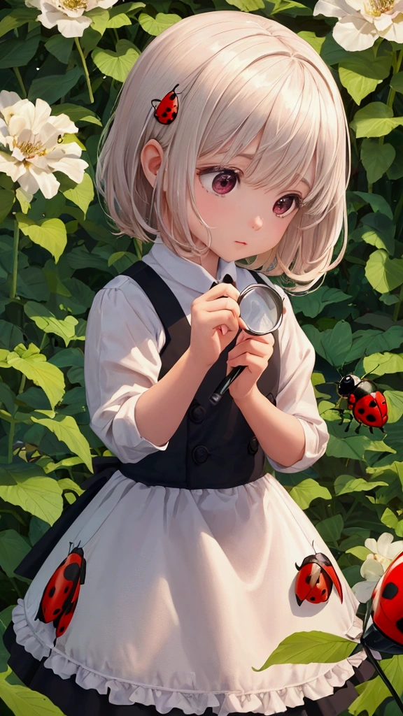 A child’s hand holding a magnifying glass, zooming in on a ladybug crawling on a flower petal.