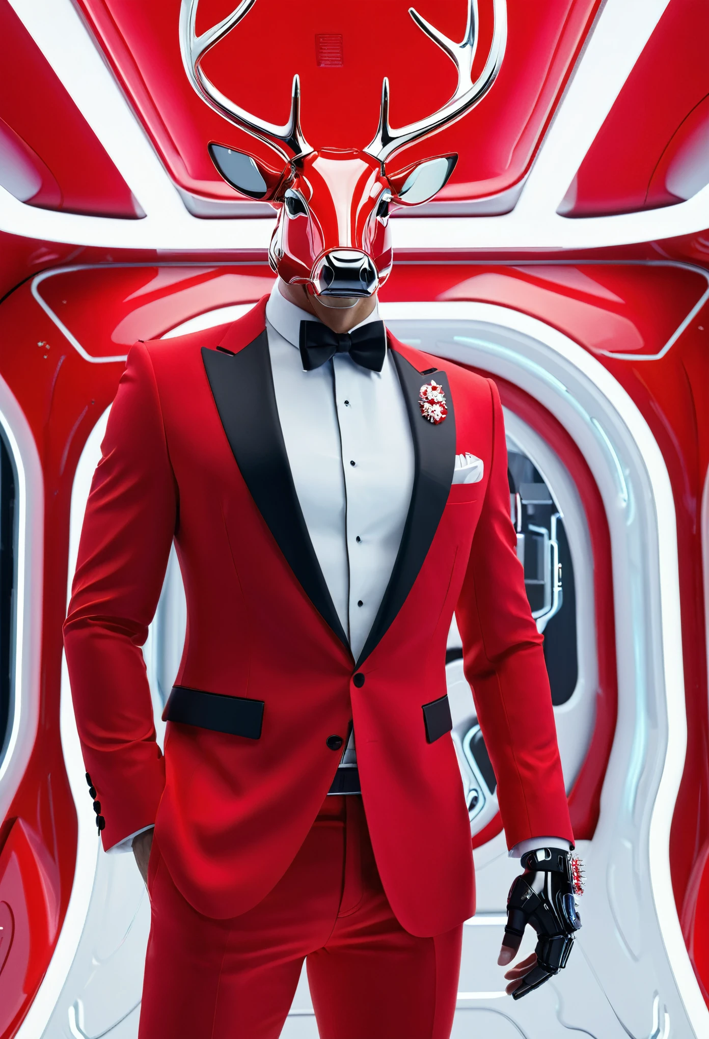 (Butler clothing design:1.8),\(Christmas style\)， Made of machinery, red and white style, Mechanized form, A futuristic数字艺术, of red and white colors, room lighting, surreal details, 32k ULTRAHD, auto-destructive art, mechanized abstraction, Future Vision,Fine lines and intricate details, A futuristic 维多利亚时代, translucent immersion, molecules, Red Knight, Glass as a material, Sci-fi Baroque style, 32k ULTRAHD,(Fundo sala de estar:1.5), frill, Future robot butler photography, Glowing red interior components, Very futuristic,Robot butler design trends, A futuristic, A futuristic butler design, karim rashid, glowing interior components, Concept sled design, A futuristic, A futuristic镀铬, Future concept butler clothing, Magnificent design, High-Tech details of the future,(Robot butler style：1.5),(Christmas reindeer relief pattern:1.4),(mechanical blazer:1.5)，Cybernetic robot. android, AI big breasts, machine, metals, wires, Tech, futuristic, highly detailed, extremely hyper - detailed pc, standing, full body shot, centered, 3 d render, artstation, Octane Render, 8 K