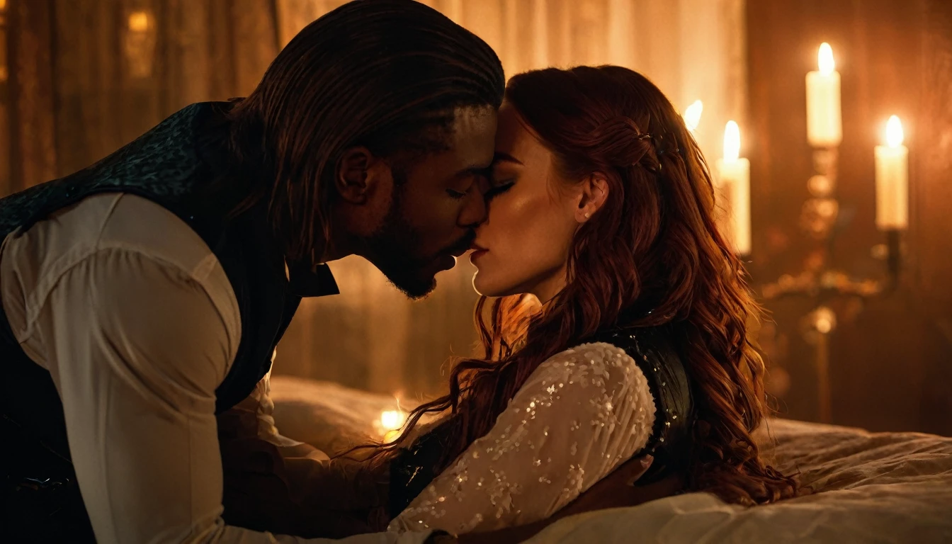 Melanie Scrofano as Wynonna Earp and Shamier Anderson as Xavier Dolls, both from the Syfy television series "Wynonna Earp", share a steamy kiss inside a bedroom lit only by candlelight. Melanie has lovely makeup on her face. Nighttime. Romantic ambiance. Symmetrical eyes. Symmetrical faces. Lovely details. Photorealistic. Full-colored photo. Professional photo. Highly detailed 8K.