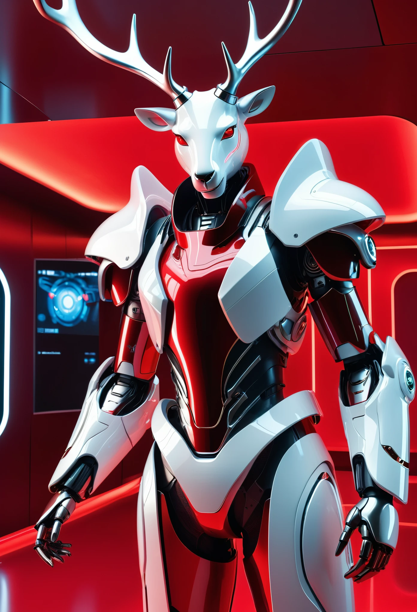 (Butler clothing design:1.8),\(Christmas style\)， Made of machinery, red and white style, Mechanized form, A futuristic数字艺术, of red and white colors, room lighting, surreal details, 32k ULTRAHD, auto-destructive art, mechanized abstraction, Future Vision,Fine lines and intricate details, A futuristic 维多利亚时代, translucent immersion, molecules, Red Knight, Glass as a material, Sci-fi Baroque style, 32k ULTRAHD,(Fundo sala de estar:1.5), frill, Future robot butler photography, Glowing red interior components, Very futuristic,Robot butler design trends, A futuristic, A futuristic butler design, karim rashid, glowing interior components, Concept sled design, A futuristic, A futuristic镀铬, Future concept butler clothing, Magnificent design, High-Tech details of the future,(Robot butler style：1.5),(Christmas reindeer relief pattern:1.4),(mechanical blazer:1.5)，Cybernetic robot. android, AI big breasts, machine, metals, wires, Tech, futuristic, highly detailed, extremely hyper - detailed pc, standing, full body shot, centered, 3 d render, artstation, Octane Render, 8 K