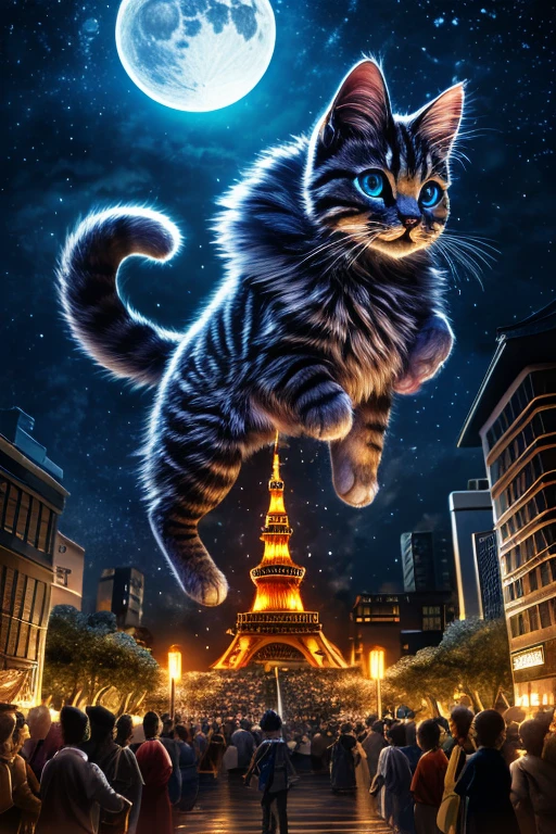 (Highest quality、masterpiece、8k))、Anatomically correct、Very detailed、High resolution、Realistic、((Beautiful, sparkling, detailed eyes))、Intricate details、Cinematic lighting、((Dynamic composition))、Giant kitten、A giant kitten like a monster、Kitten bigger than a building、A small town like a diorama、Punish the moon、Nyazira、Tokyo Tower、Fireball