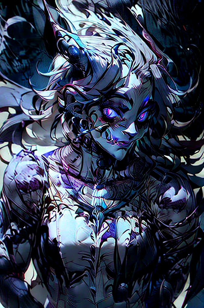 a gray-skinned demon, 3 meters tall, dressed in semi-formal clothing, gloves, broken angel wings, white eyes and a charming smile, long semi-wavy black hair which is tied up in a bun