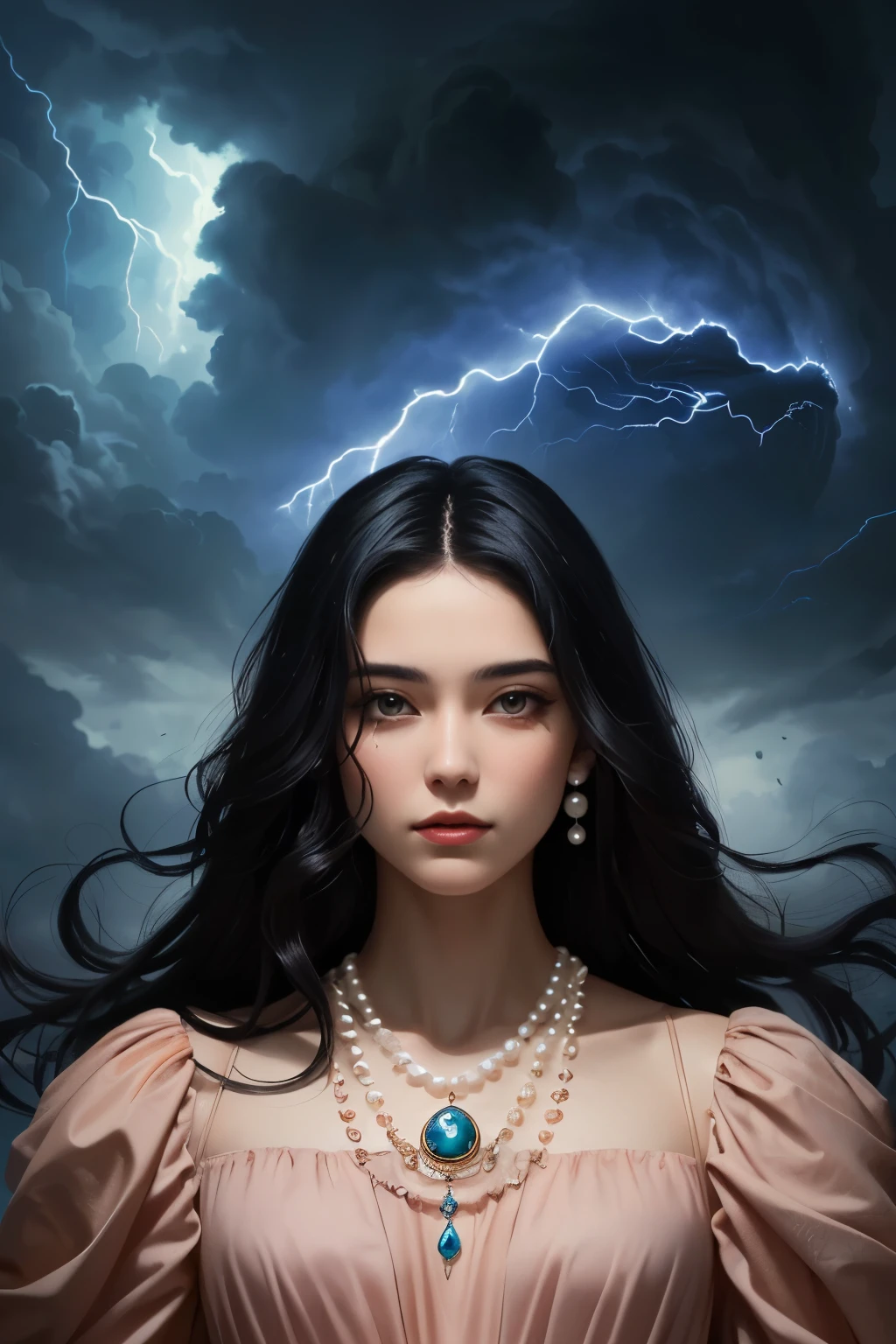 ((best quality)), ((masterpiece)), (detailed), A digital illustration of a young woman in peach color dress with long black hair wearing a pearl locket surrounded by dark storm clouds and monsters. She has a positive energy above her and a word Jimni girl is written at center