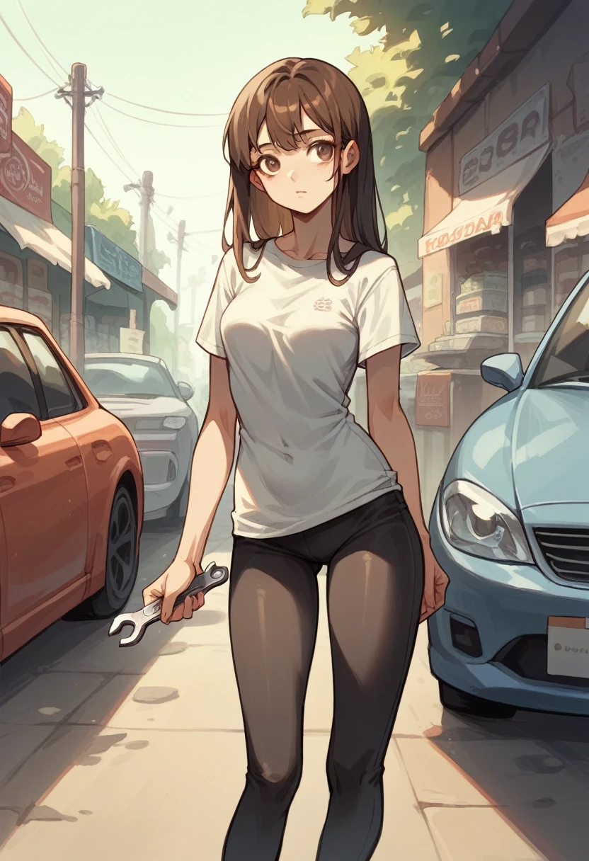 Russian girl with brown hair and big brown eyes, long straight hair, wearing tight leggings in a black, and white very short T-shirt, standing in the car repair shop and holding a wrench