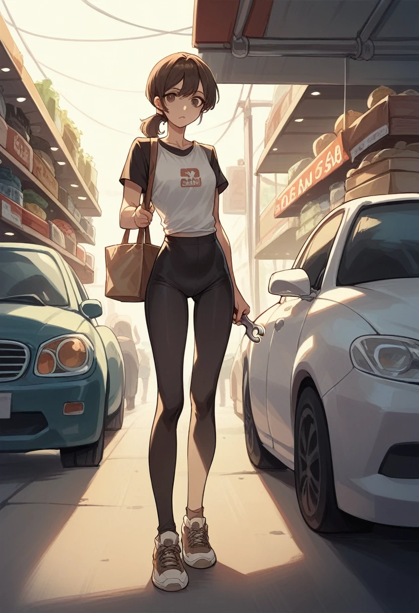 Russian girl with brown hair and big brown eyes, long straight hair, wearing tight leggings in a black, and white very short T-shirt, standing in the car repair shop and holding a wrench
