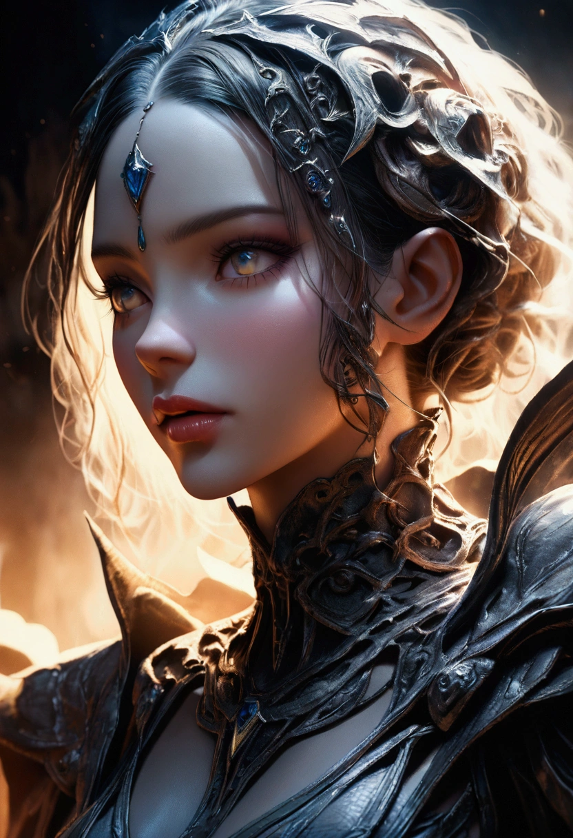 organic cyborg, white plastic, diffuse lighting, fantasy, intricate, elegant, highly detailed, art by Yoshitaka Amano, 1girl, beautiful detailed eyes, beautiful detailed lips, extremely detailed face and features, long eyelashes, cinematic lighting, dramatic composition, volumetric fog, depth of field, photorealistic, 8k, masterpiece, ultra-detailed