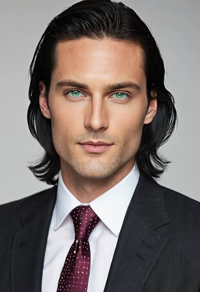 30 years old man. slightly long black hair, a subtle lock of hair falling on the forehead, bluish green eyes with golden dots, thin face, thin, slightly red lips, expressão sensuous e taciturna, wearing an entirely black suit, burgundy tie, he is the Ceo, virility, European man, BUSINESSMAN, sexy man, sensuous, Very beauthful, face without mustache or beard, it needs to be perfect and wonderful, white male.