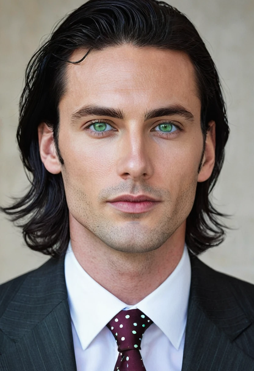 30 years old man. slightly long black hair, a subtle lock of hair falling on the forehead, bluish green eyes with golden dots, thin face, thin, slightly red lips, expressão sensuous e taciturna, wearing an entirely black suit, burgundy tie, he is the Ceo, virility, European man, BUSINESSMAN, sexy man, sensuous, Very beauthful, face without mustache or beard, it needs to be perfect and wonderful, white male.